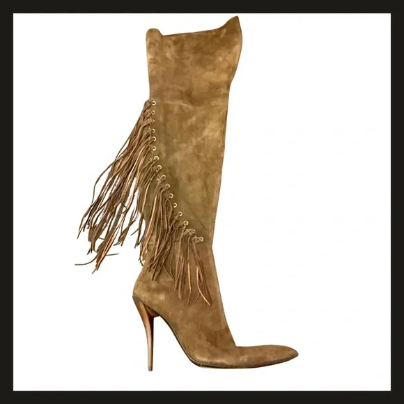 Gianmarco Lorenzi Suede Fringe Over-the-Knee Zipper High Heel Boots Size 39 EUC - Picture 2 of 16